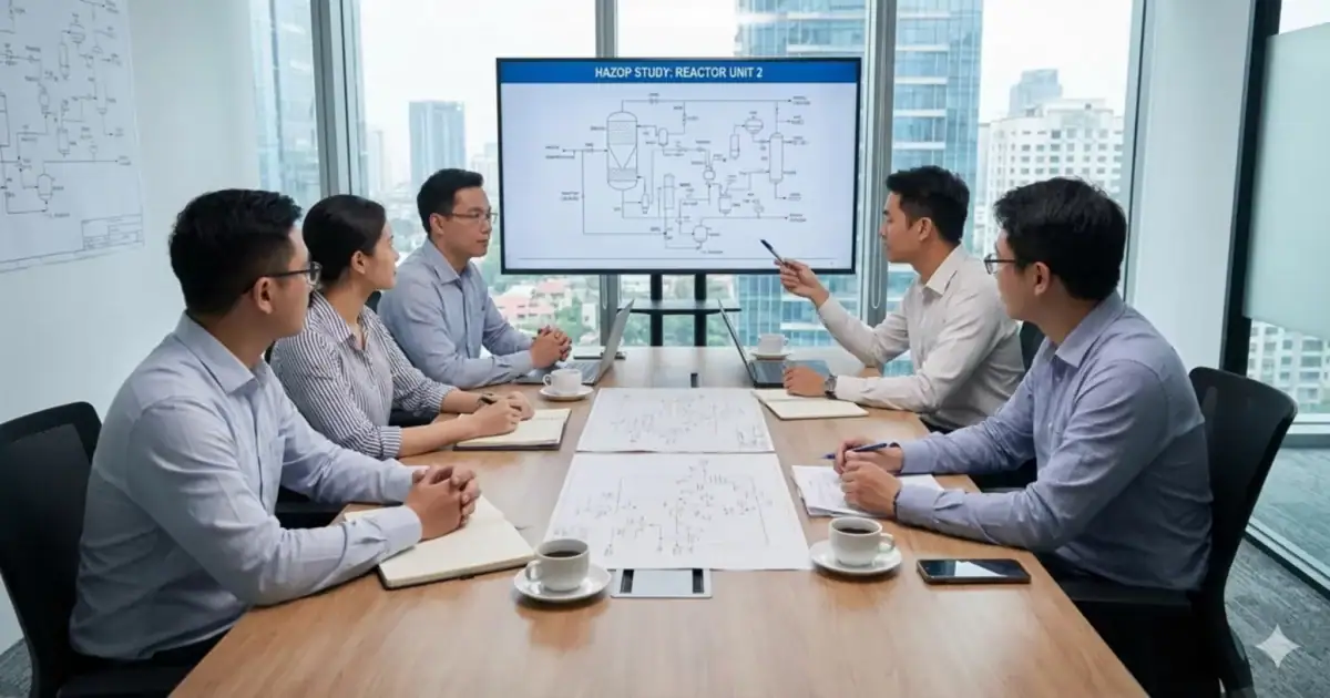 Process safety engineers discussing a P&ID