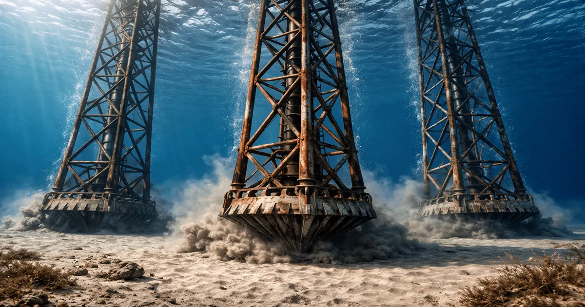 Offshore platform legs reaching seabed