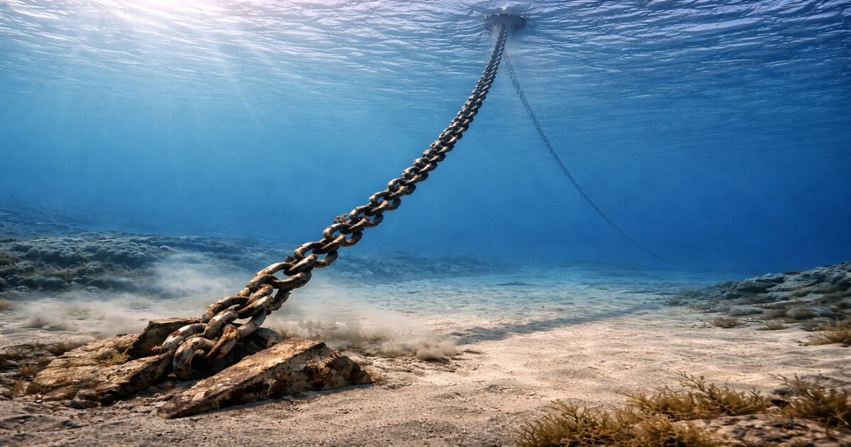 Underwater anchor chain and rusted anchor