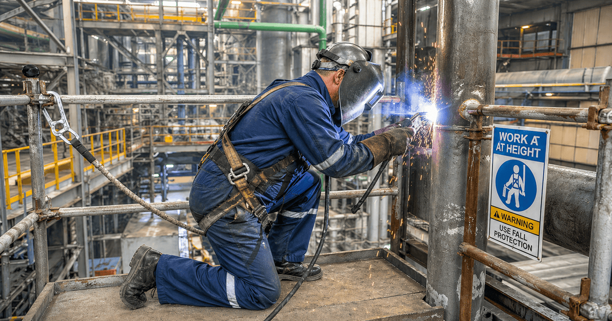 Man working at height using a welder