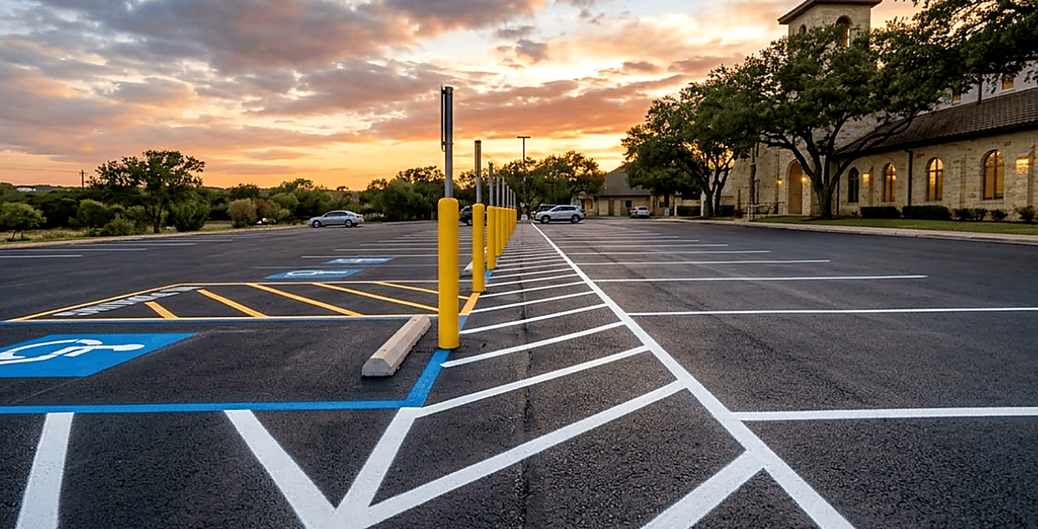 Parking lot striping Conroe TX at sunset
