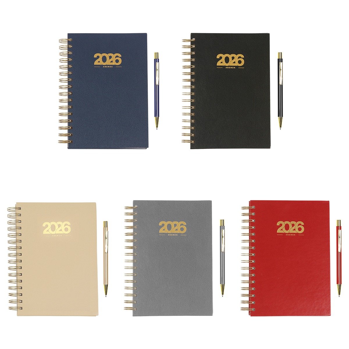 Agendas 2026 con argollas y plumas