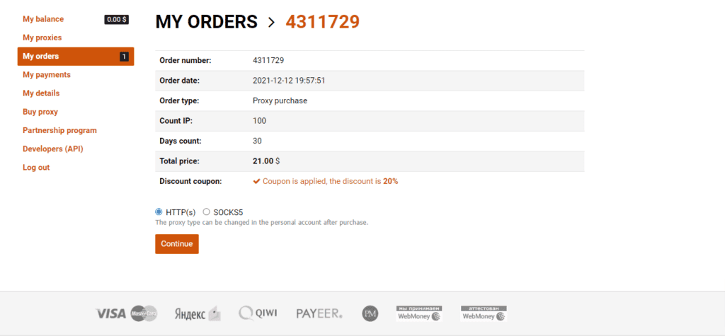 Coupon Verification Proof : Proxy6 Coupon is applied, the discount is 20%