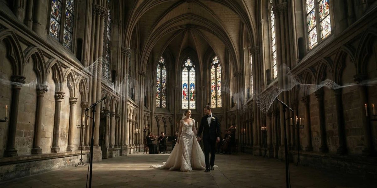 Wedding couple in a majestic cathedral with professional sound recording for cinematic film