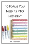 10 pto president binder forms title at top with rainbow stripe coiler planner and colorful markers below