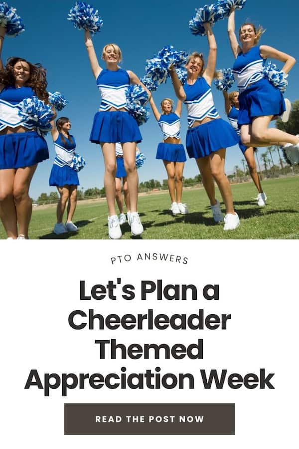 a group of cheerleaders in blue and white uniforms on a field on a sunny day with a text box below the image