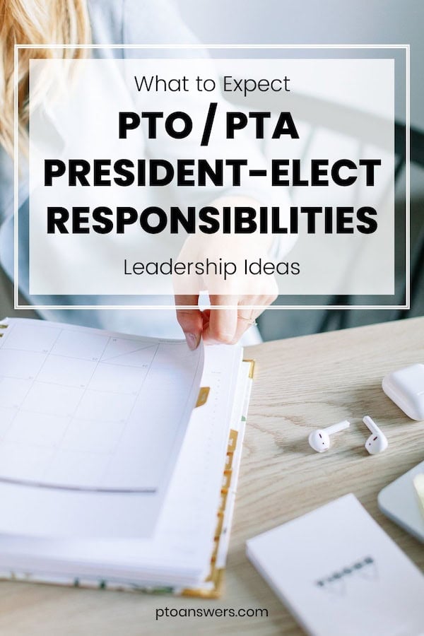 woman reviewing notes in binder at desk with pto president elect responsibilities headline overlay