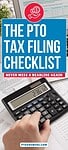 'the pro tax filing checklist never miss a deadline again' atop IRS forms and a person typing into a calculator
