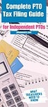 'complete pto tax filing guide for independent PTOs' atop IRS tax forms, and office supplies