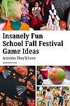 'insanely fun school fall festival game ideas activities they'll love with images of kids playing games, bags of fall candy, and a pumpkin being painted