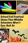 'school fall festival ideas that middle schoolers won't eye roll at' surrounded by images of glow sticks, corn hole board, Photo Booth props and paper pumpkin and bat decorations