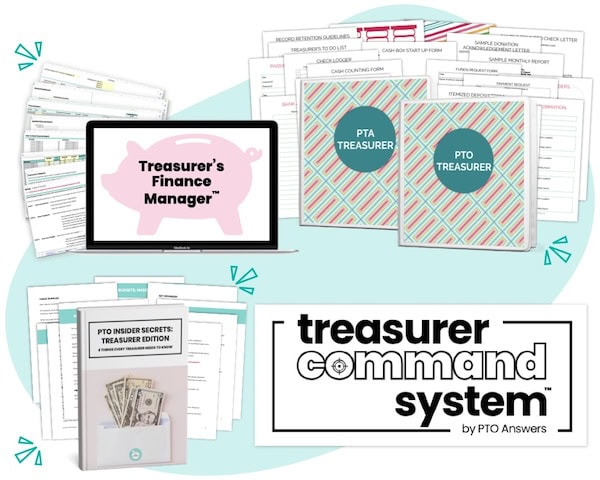 'treasurer command system by pto answers' with images of treasurer's finance manager, Insider Secrets treasurer edition, plus pta treasurer binder and pto treasurer binder and form templates