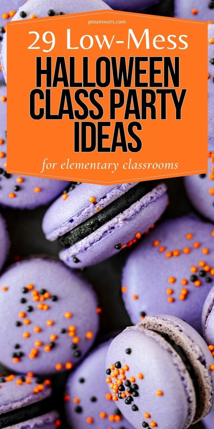 '29 low mess halloween class part ideas for elementary students' atop purple macarons with black and orange nonpariel sprinkles