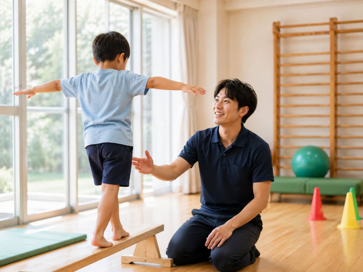 スタッフが子どもの平均台を支える様子｜CREDOの運動療育プログラム