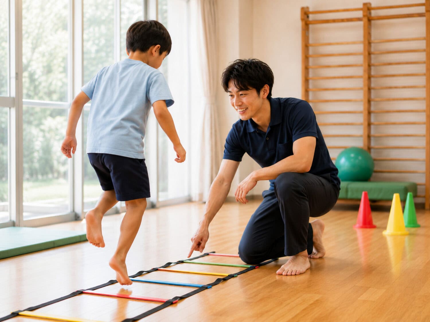 スタッフが子どものラダートレーニングを支える様子｜CREDOの運動療育プログラム
