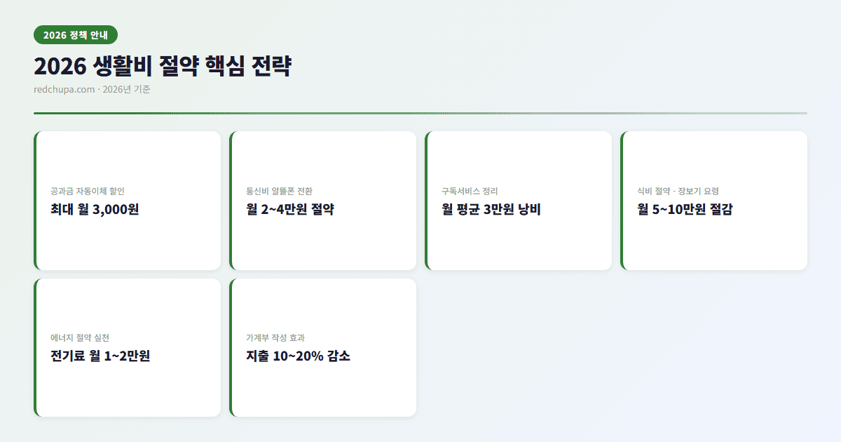 2026 생활비 절약 핵심 전략 인포그래픽