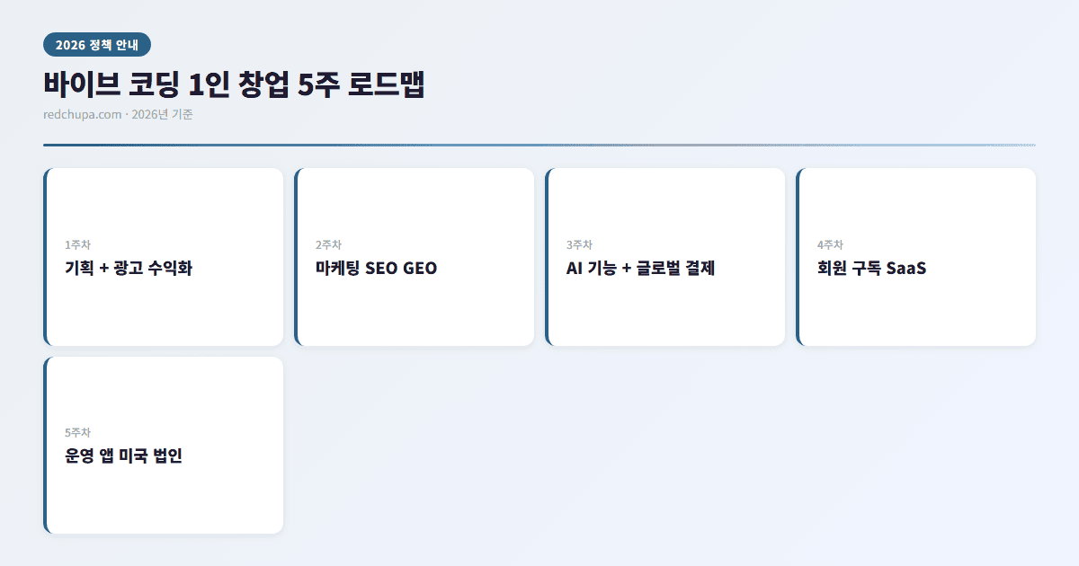 바이브 코딩 1인 창업 5주 로드맵 인포그래픽