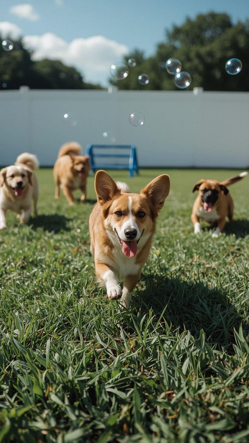 Group of dogs playing outdoors at Red Dog
