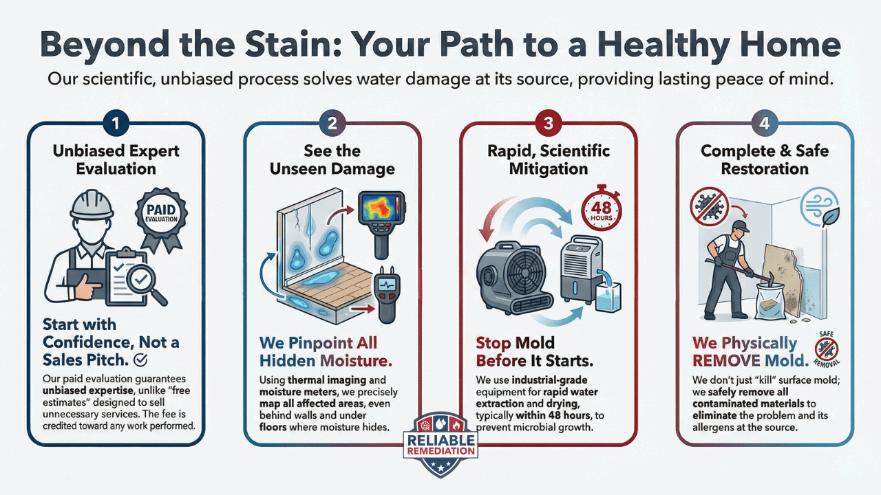 Reliable Remediation three-step evaluation and remediation plan infographic