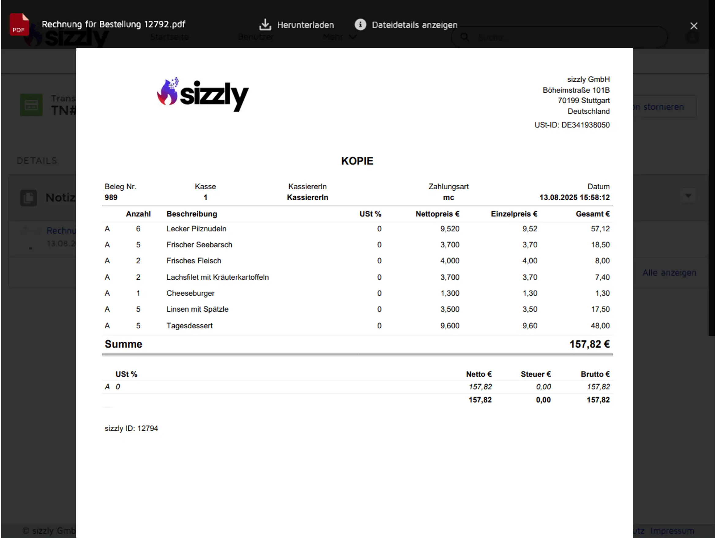 BO-App_Beleg_Gruppe screenshot of sizzly backoffice app showing invoice