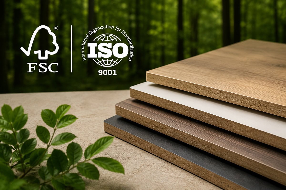 Painéis laminados decorativos com certificações FSC e ISO 9001 em ambiente sustentável e corporativo.