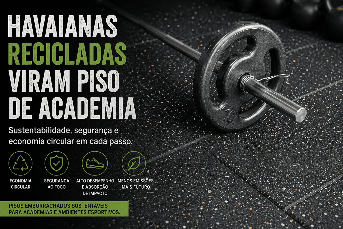 Barra de musculação sobre piso emborrachado sustentável produzido com resíduos reciclados das Havaianas em ambiente de academia.