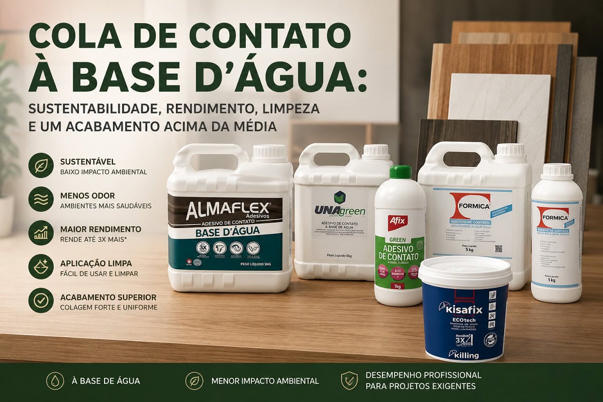 Colas de contato à base d'água para laminados e revestimentos decorativos expostas sobre bancada de madeira, destacando sustentabilidade, baixo odor, alto rendimento e acabamento superior.