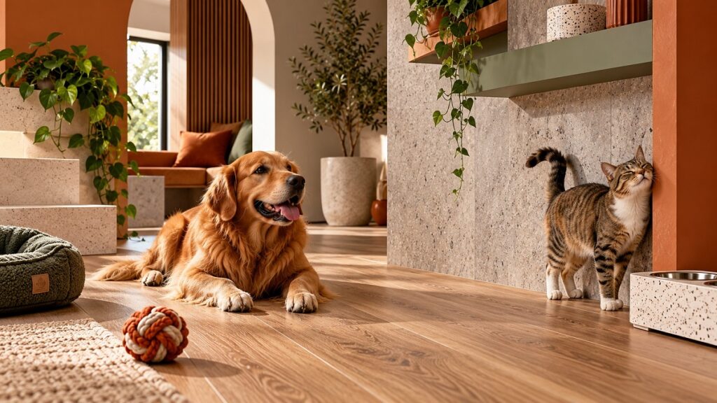 Cachorro e gato em ambiente pet friendly com piso vinílico amadeirado e revestimento decorativo de parede, ilustrando soluções Pet Safe.