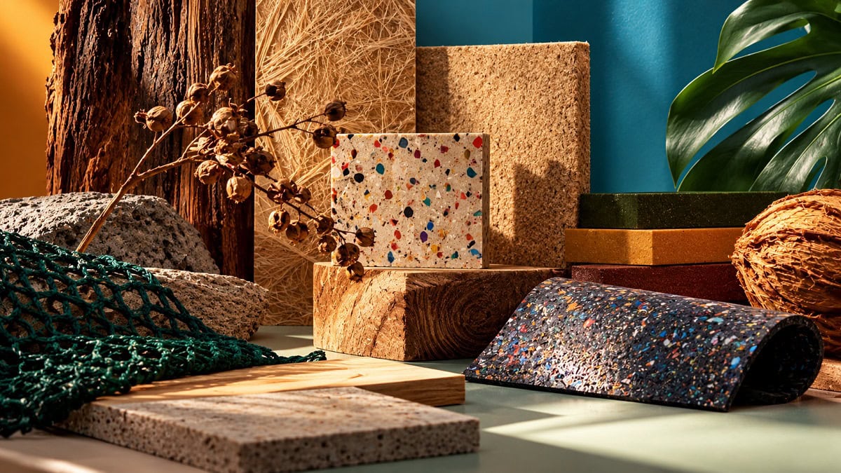 Composição de materiais sustentáveis com madeira, fibras naturais, revestimentos reciclados e amostras de acabamentos, representando a Materioteca da MateriaLAB.