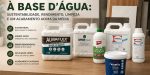 Colas de contato à base d'água para laminados e revestimentos decorativos expostas sobre bancada de madeira, destacando sustentabilidade, baixo odor, alto rendimento e acabamento superior.