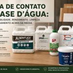 Colas de contato à base d'água para laminados e revestimentos decorativos expostas sobre bancada de madeira, destacando sustentabilidade, baixo odor, alto rendimento e acabamento superior.