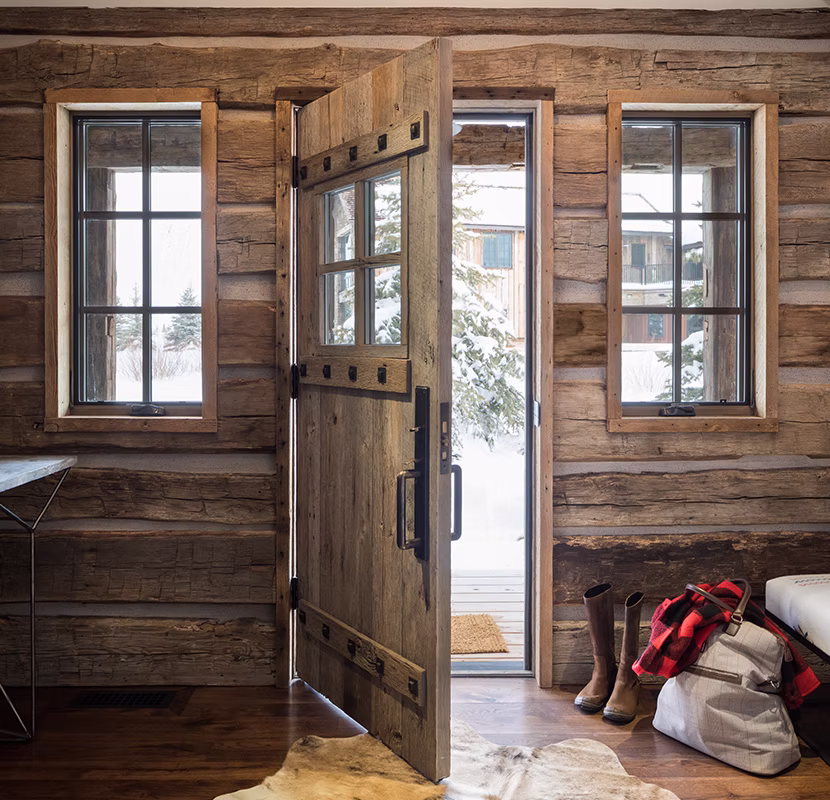 hand-hewn reclaimed timber beams Jackson Wyoming 