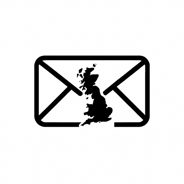 Envelope icon with UK map silhouette representing nationwide postal service.