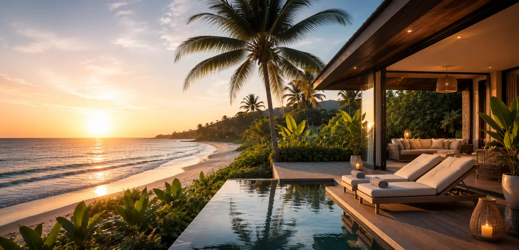 Beachfront vacation home terrace at sunset