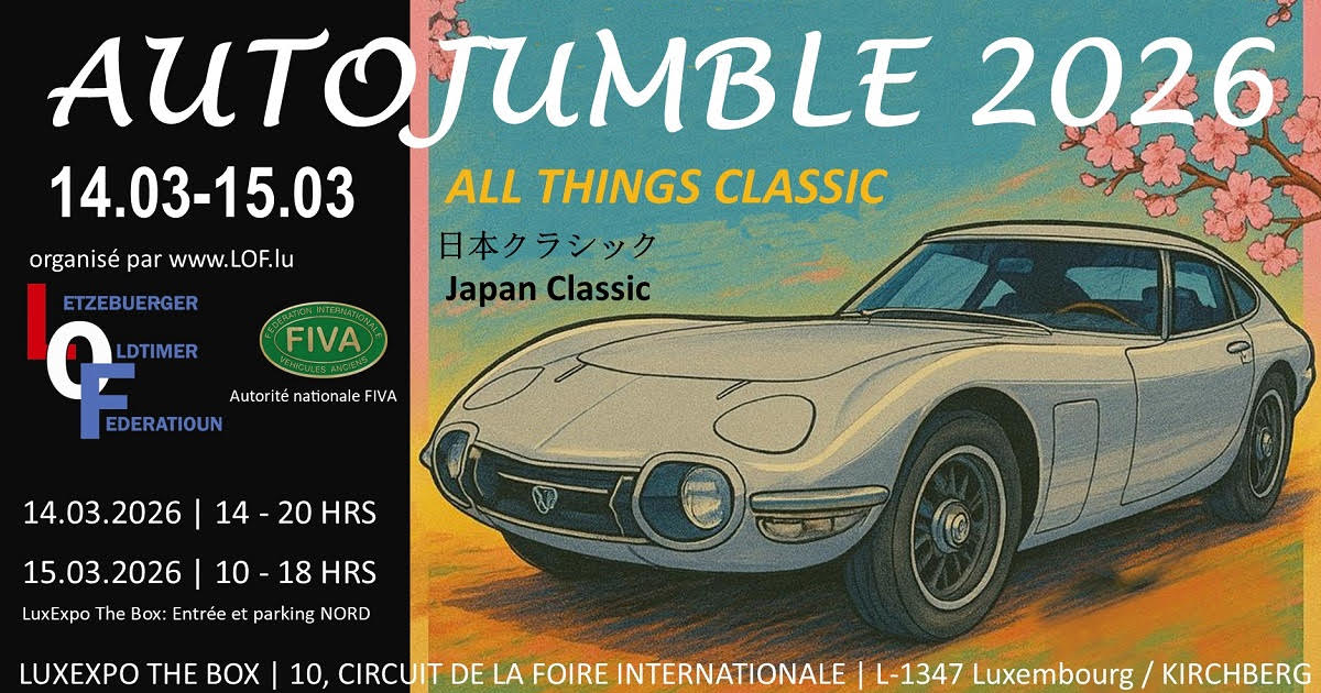 Ein Werbeplakat für AUTOJUMBLE 2026 zeigt eine weiße Illustration eines klassischen Sportwagens, die Daten der Veranstaltung (14.-15. März 2026), die Uhrzeiten, den Ort (Luxexpo The Box, Luxemburg) und die Logos der Organisatoren auf einem hellbraunen Hintergrund.