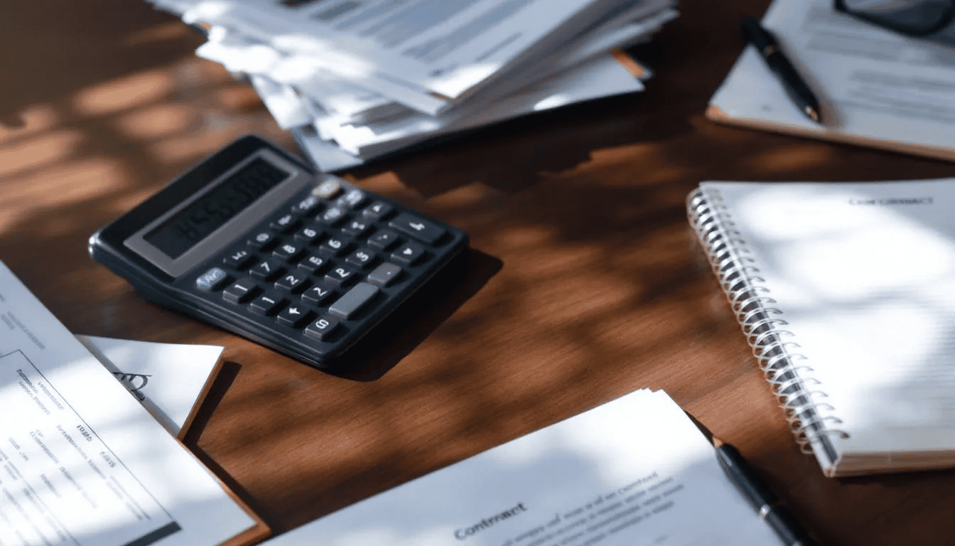 A calculator sits on a desk alongside various employment documents, including redundancy letters and templates, reflecting financial calculations related to statutory redundancy pay and the redundancy process. The scene emphasizes the importance of clear communication and legal compliance during the notice period and consultation process for affected employees.