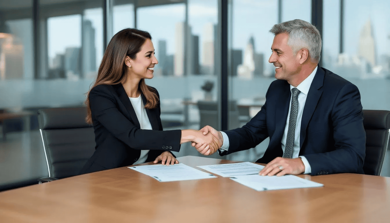 A professional business meeting is taking place, featuring individuals engaged in a collaborative discussion, with documents spread across the table and a handshake symbolizing agreement. This setting reflects a fair and transparent process, relevant to topics such as redundancy letters and the consultation process under UK employment law.