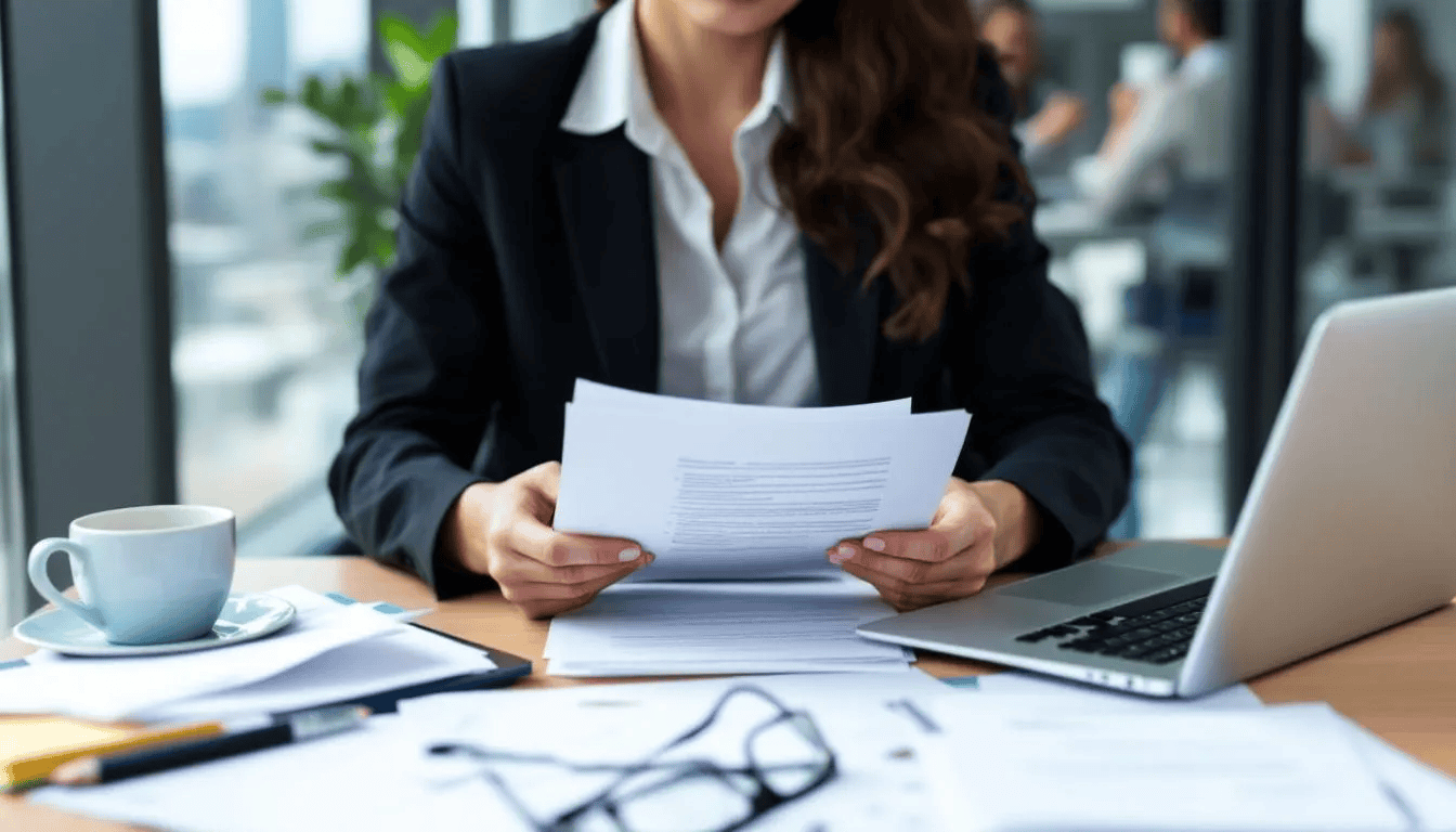 A professional HR manager is seated at a desk, meticulously reviewing various employment documents, including redundancy letters and employee contracts, amidst a collection of folders and paperwork. The scene reflects a fair and transparent process in managing potential redundancies, emphasizing legal compliance and clear communication with affected employees.