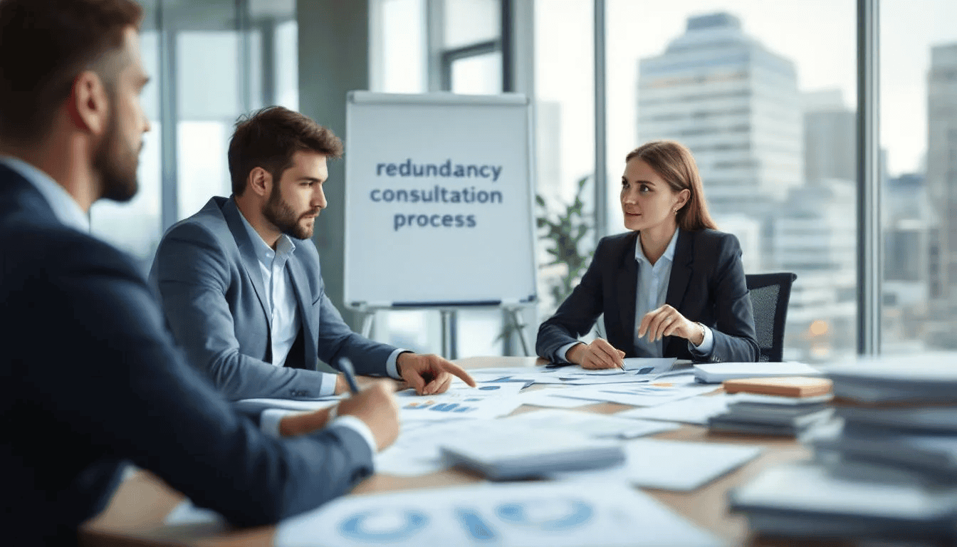 In the image, a business meeting is taking place with several documents on the table, discussing the redundancy consultation process. The papers include information about statutory redundancy pay, eligibility criteria, and the implications of an employer being insolvent.