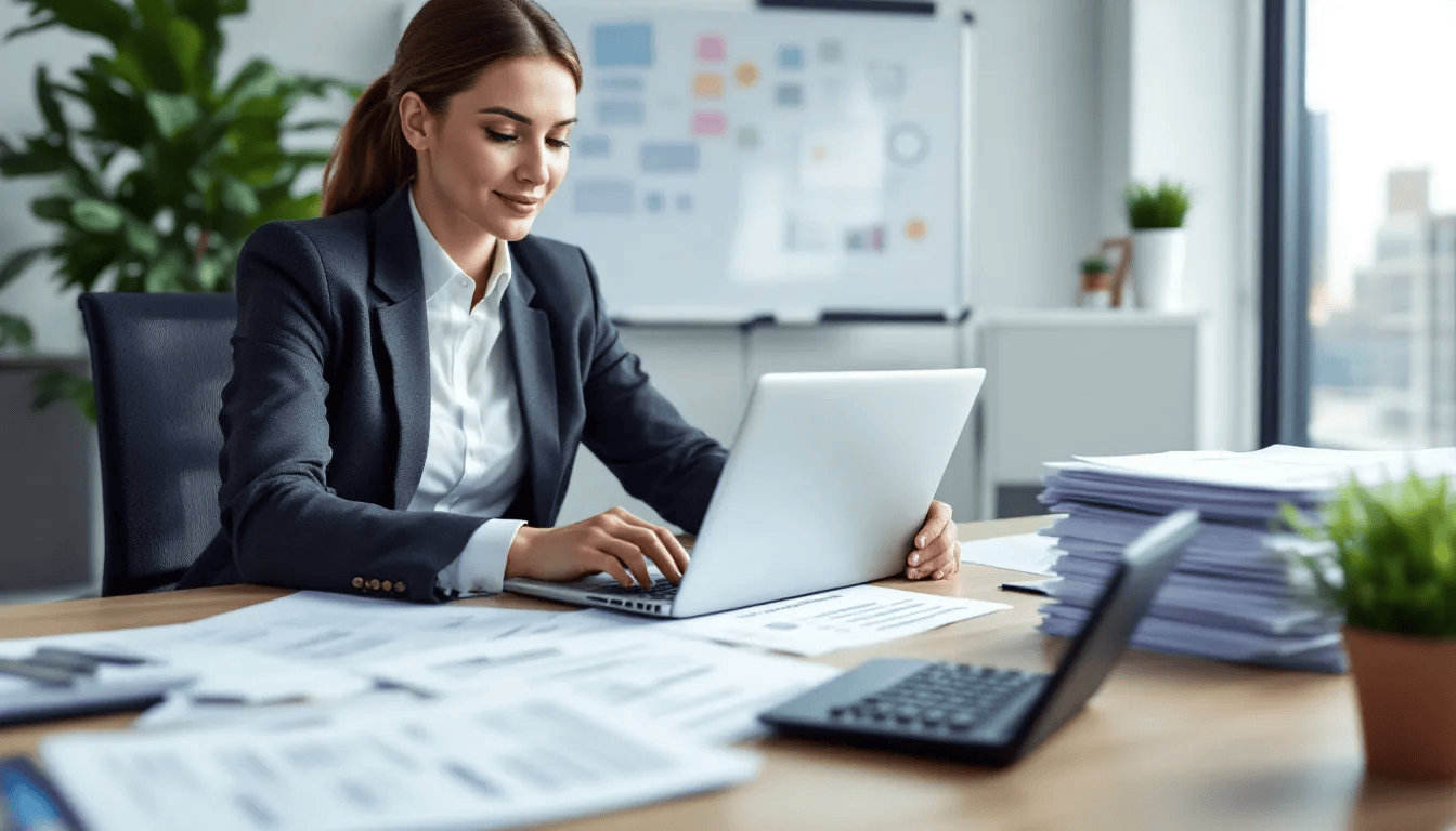 An HR professional is seated at a desk, reviewing annual leave policies with a calculator and various documents, including employment contracts and holiday entitlement forms. The scene emphasizes the importance of understanding statutory leave entitlements and managing unused annual leave effectively for employees.
