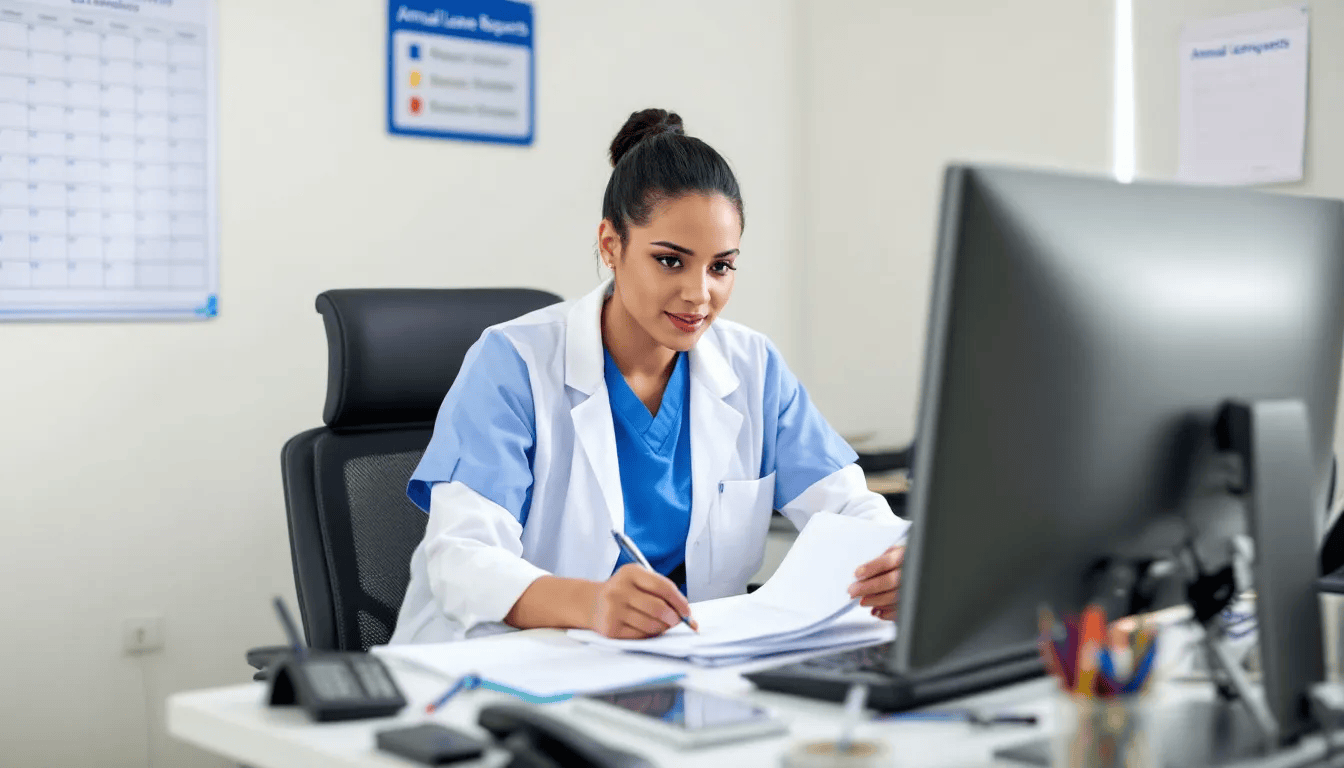 A healthcare worker is seated at a desk, reviewing various medical certificates to process annual leave requests, ensuring that employees' holiday entitlements are accurately calculated according to their employment contracts. The scene emphasizes the importance of managing paid holiday and unused annual leave in accordance with statutory rules.