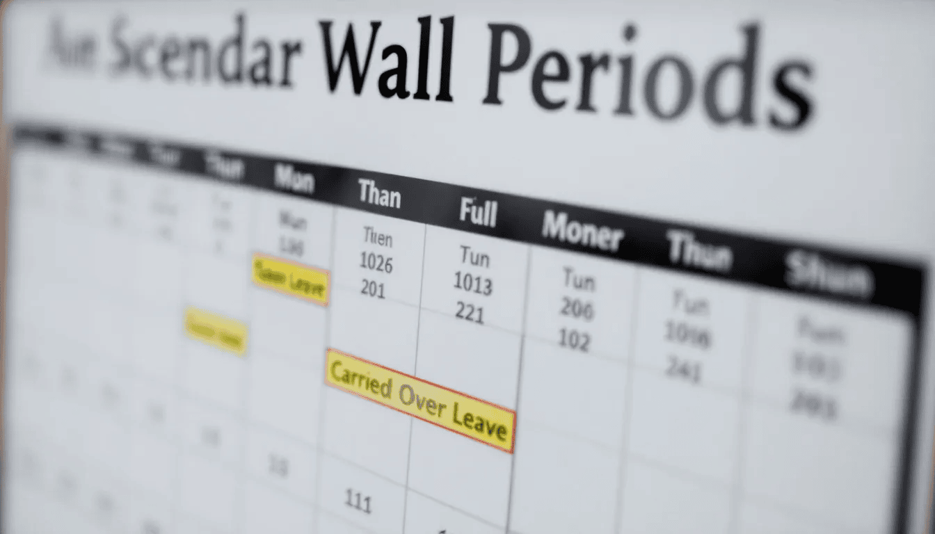 The image depicts a calendar highlighting annual leave periods, with specific days marked to indicate carried over leave from previous years. This visual representation helps employees understand their holiday entitlement, including any unused annual leave that can be carried forward into the next leave year.