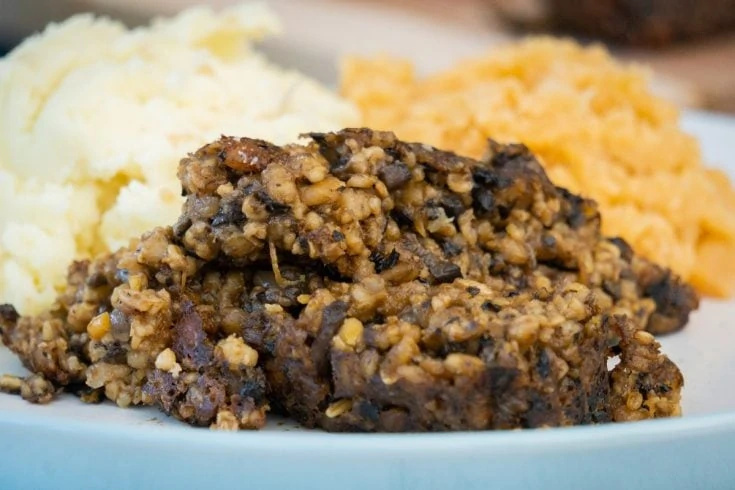Vegetarian Haggis with neeps and tatties on a plate