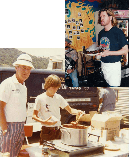 Two photos: People cooking & serving chili; someone carrying food in a restaurant