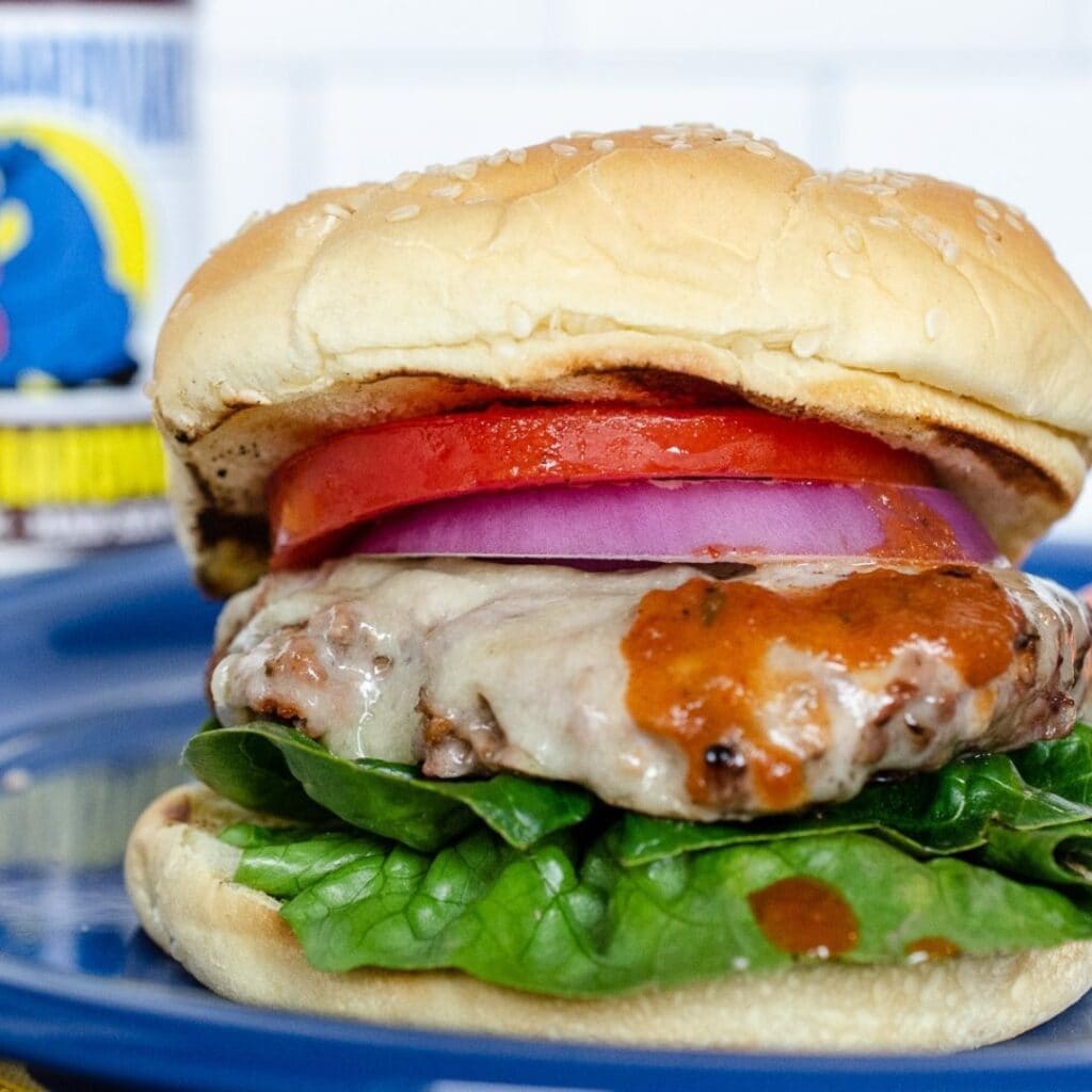 Plated smoky chipotle burger.