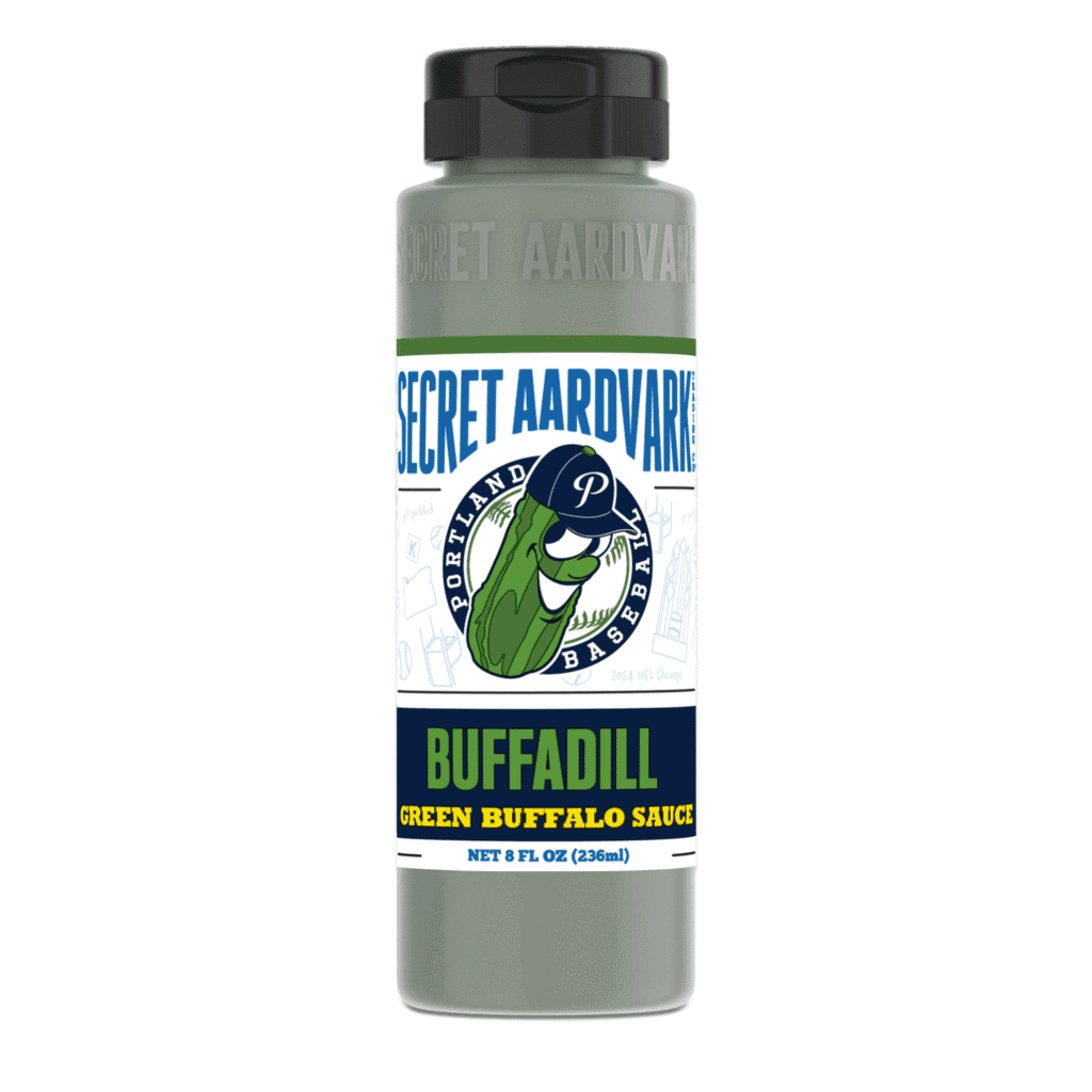 Bottle of Buffadill Green Buffalo Sauce with black cap