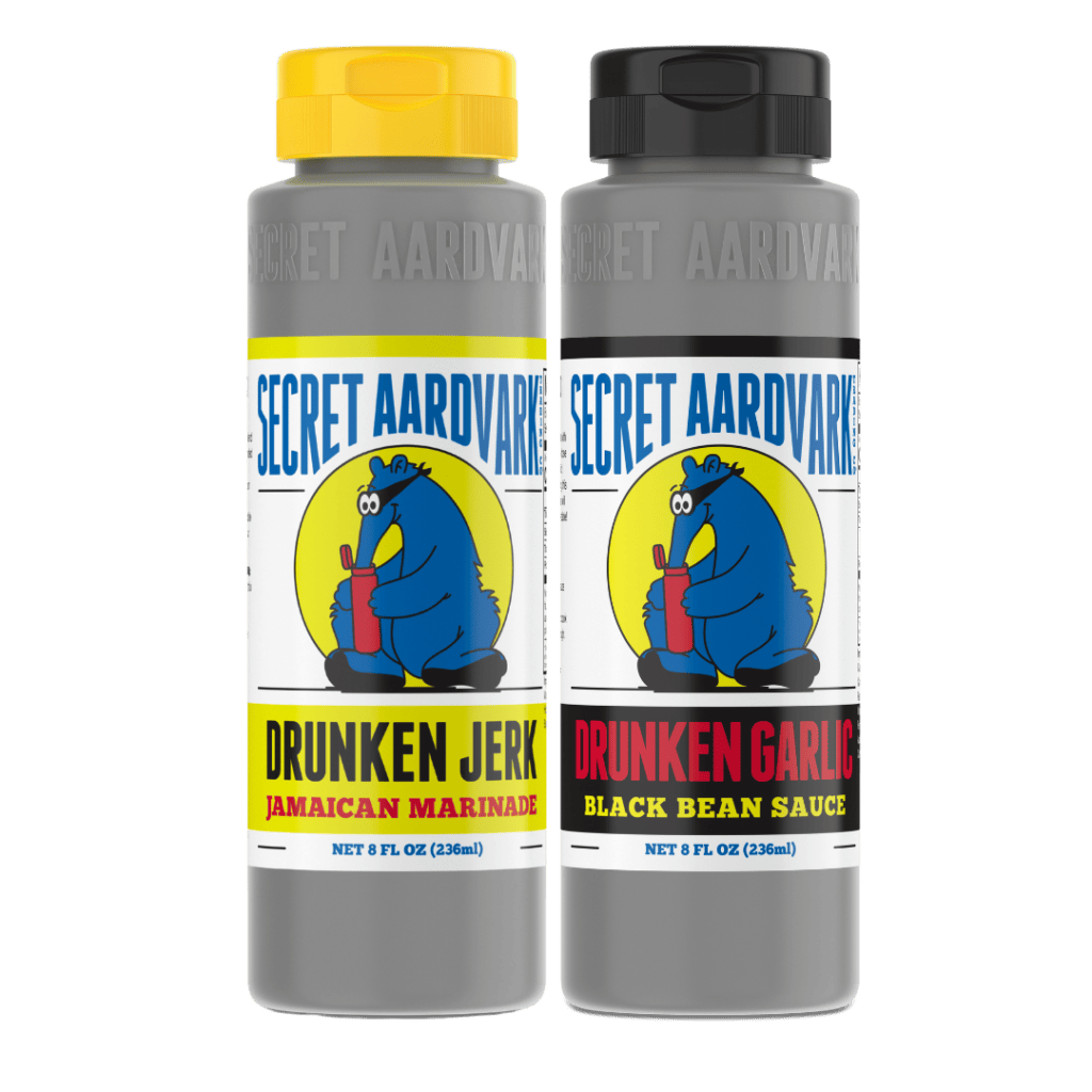 Bottle of Drunken Jerk Jamaican Marinade and Drunken Garlic Black Bean Sauce.