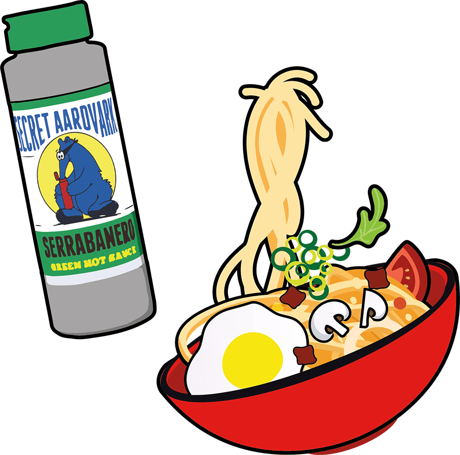 bottle of serrabanero and bowl of noodles