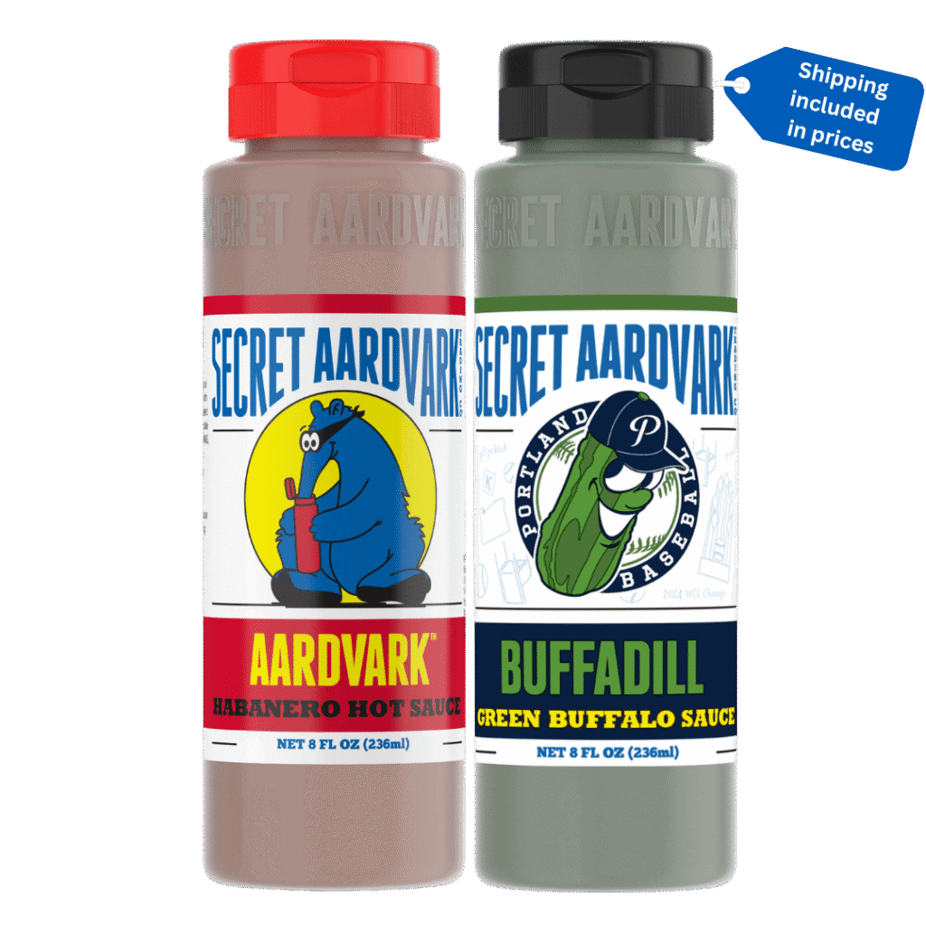 Bottle of Aardvark Habanero Hot Sauce and Buffadill Green Hot Sauce.