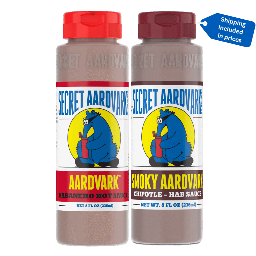 Bottle of Aardvark Habanero Hot Sauce and Smoky Aardvark Chipotle-Hab Sauce.